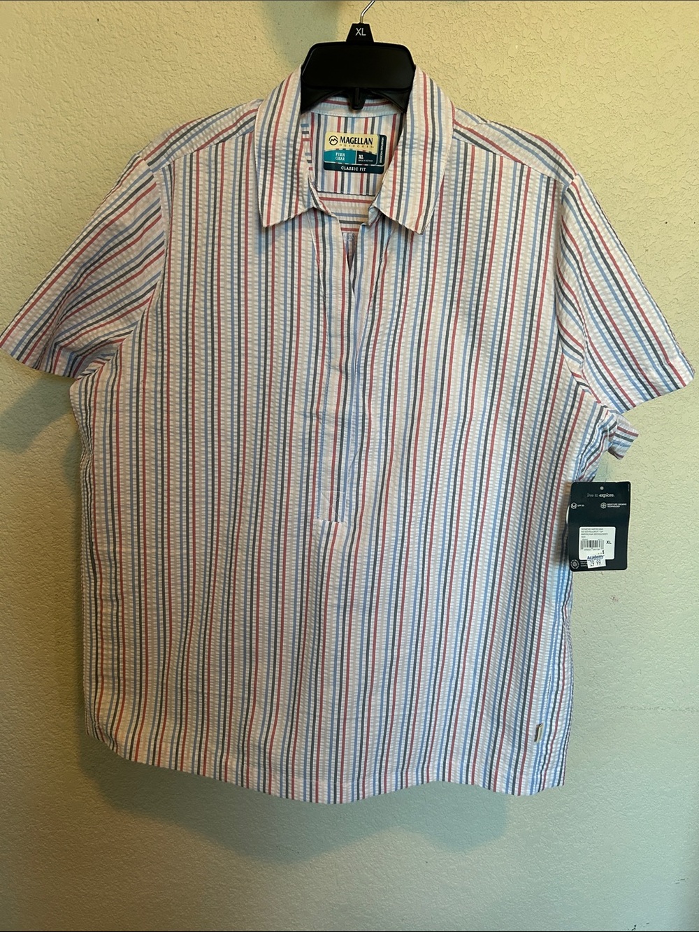 Magellan Outdoors Womenโs Short Sleeve Stripe Polo - White, Blue, Red